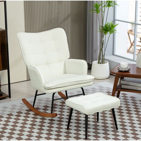 Sillón mecedora con reposapiés de poliéster blanco crema, estructura de acero y haya, 64 x 89 x 90 cm (1/5)