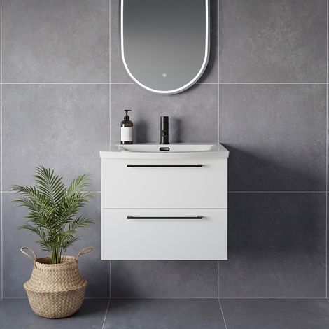 Napoli 390 Gloss White 600mm Wall Mounted 2 Drawer Vanity Unit with Arc Basin - 600mm - Matt Black 320mm Handle