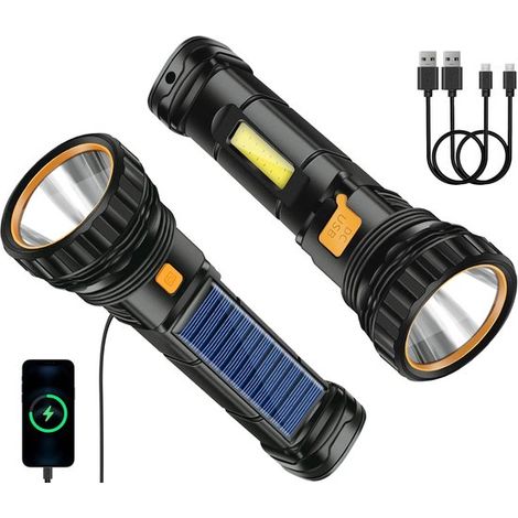 Lampe torche LED solaire - Batterie 1200 mAh - 3 modes d'éclairage - Lot de 2 - Lampe torche portable - Rechargeable par USB - Noire (1/5)