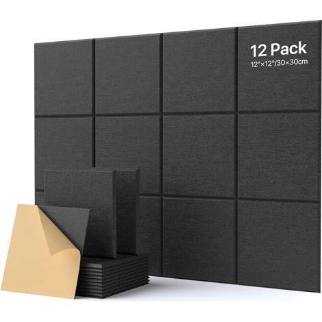 Panneaux Acoustiques Autocollant Noir Lot de 12 Pièces Panneau Acoustique, Isolation Phonique, Haute Densité, Anti-bruit, pour Mur, Plafond et Porte, Carrées 30×30×0,9cm (1/5)