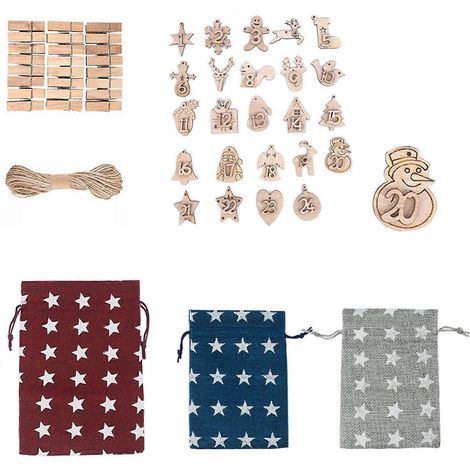 Adventskalender-Geschenktüten-Set mit Weihnachtssternen, verpackt in Kordelzugbeuteln