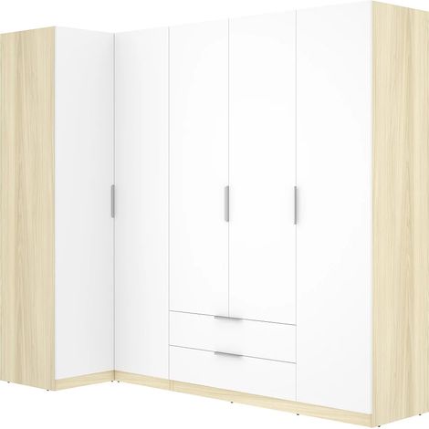Armadio angolare 5 ante 2 cassetti L234cm Bianco e naturale chiaro - KALONY (1/4)
