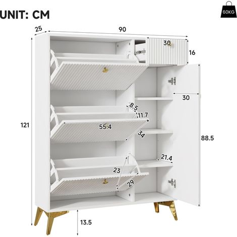 Meuble de rangement pour chaussures blanc, 3 portes battantes, 1 tiroir et 1 compartiment fermé, étagère étroite à bascule. Dimensions : H 121 x L 90 x P 25 cm