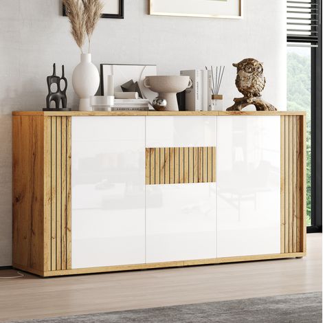 Credenza 140x35x71 cm, 3 ante push to open, 6 scomparti, MDF e truciolare, bianco e legno naturale (1/5)
