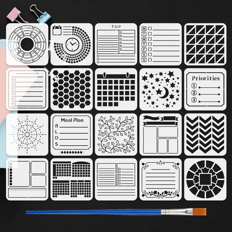 20 Pcs Petit Pochoir Peinture Graphiques avec Pinceau 10x10 cm Plastique Gabarit Dessin Mise en Page Wireframes PET Vignes Formes Géométriques Pochoir Gabarit Thème Journal pour Déco DIY (1/5)