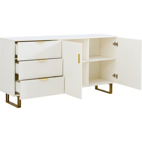 Buffet moderne à deux portes et trois tiroirs – meuble élégant en MDF avec poignées en alliage d’aluminium doré et pieds en acier robustes, espace de rangement élégant pour votre salon ou salle à mang (1/5)