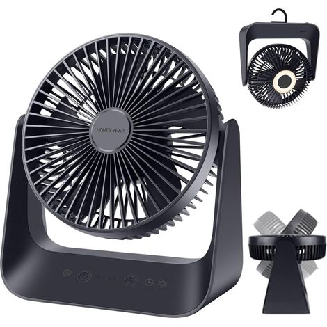 Ventilateur de Bureau avec Contrôle de Température, 5000mAh Ventilateur USB, 5 Vitesses avec Mode Nuit, Rechargeable sur Batterie, avec Lampe LED (1/5)