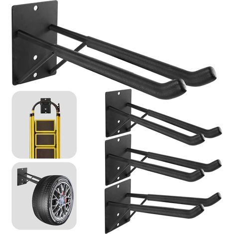 Lot de 4 grands crochets de garage robustes de 14 pouces – Crochets de rangement en acier avec barres de support – Supports muraux polyvalents pour outils électriques, pneus de voiture. (1/5)