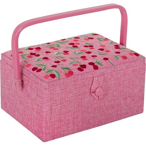 Medium Couture Craft Hobby Boîte de Rangement Plateau d'accessoires, Coussin à épingles, Poche, Poignée en PVC Couvercle brodé, Cerise, 18,5 x 25,5 x 14,5 cm (1/5)