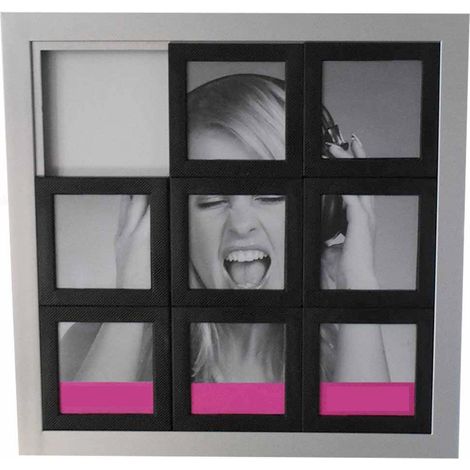 Portafoto multiplo per 8 foto puzzle ritratti piccole fotografie cornice nero e grigio per arredo casa soggiorno cm 24x24 (1/4)