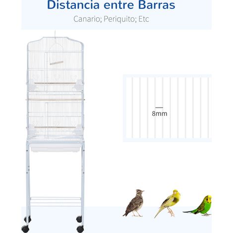 Cage à oiseaux avec support. cage en métal à roulettes. plateau et étagère amovibles. 46.5 x 36 x 157 cm. blanche (1/5)