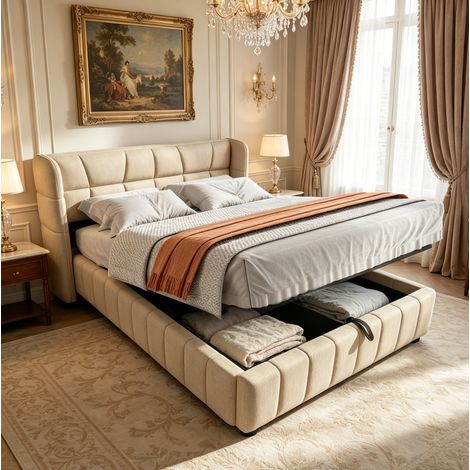 Lit rembourré moderne 140x200 cm avec tête de lit, coffre de rangement relevable, tissu beige, sommier à lattes (1/5)