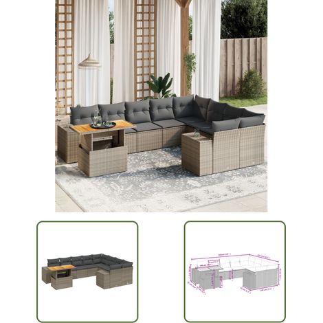 The Living Store 10-tlg. Garten-Sofagarnitur mit Kissen Grau Poly Rattan - Gartenmöbel - Esszimmerset - Outdoor Möbel - Lounge Set - Rattan Gartenmöbel