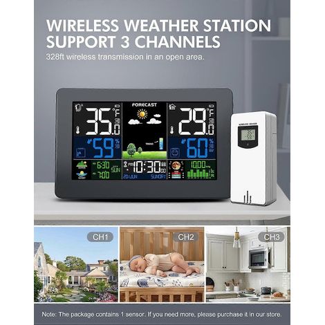 Station météo sans fil intérieure/extérieure avec thermomètre numérique et capteur déporté, grand écran. Station météo domestique avec affichage des données météorologiques. (1/4)
