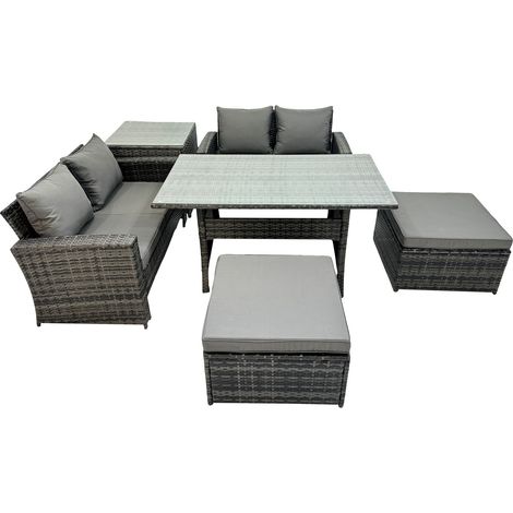 Fimous 6 Seater Wicker PE Rattan Furniture Outdoor Dining Table Double Seat Sofa Side Table 2 Big Stools Set Dark Grey Mixed (1/5)