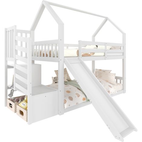 Letto a Soppalco Singolo con Scala Contenitore, Scivolo e Sponda 90×200 cm, senza Materasso, Bianco (1/4)
