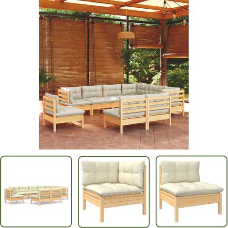 The Living Store 9-tlg. Garten-Lounge-Set mit Creme Kissen Massivholz Kiefer - Gartenzubehör - Lounge Set - Gartenmöbel - Esszimmergarnitur - Kiefernholz Möbel (1/5)