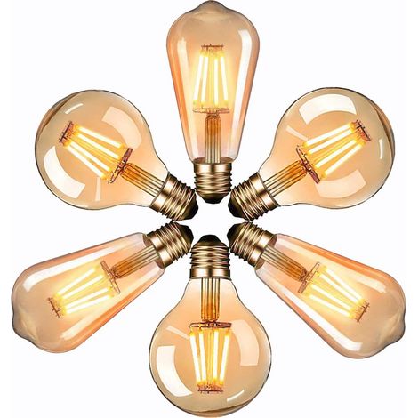 Bombillas LED Edison, bombillas decorativas vintage E27, paquete de 6 unidades, 4 W, 2700 K, ST64 y G80 amarillo cálido (1/5)