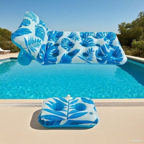 Matelas Gonflable pour Adultes, Transat de Piscine à Motif Feuilles Tropicales avec Dossier Réglable et Porte-Gobelets, Bouée Flottante pour Bronzage, Chaise Flottante pour Piscine, Plage, Lac (1/5)
