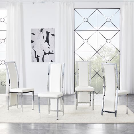 Lot de 4 chaises à manger, en métal et PU, blanc, 109 cm, pour maison et usage quotidien, cadre métal argenté brillant, polyvalentes