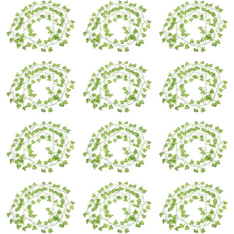 Lot de 12 feuilles de lierre artificiel décoratif, guirlande de fausses feuilles de lierre pour chambre à coucher-200cm-Green (1/2)