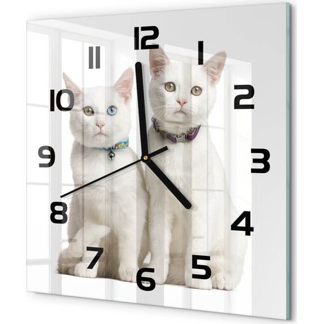 Horloge Murale Carrée Style Moderne Verre Trempé Silencieuse pour Salon Chats blancs 30x30 cm (1/5)