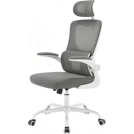 Chaise de bureau ergonomique à dossier haut, fauteuil pivotant en maille gris avec appui-tête, accoudoirs relevables et roulettes PU pour bureau et réunion CHICFURN (1/5)