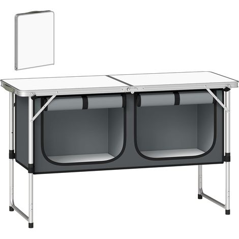 Table de cuisine de camping pliante avec armoire en tissu Oxford, cadre en aluminium pour pique-nique, 120 x 47 x 70 cm, argent