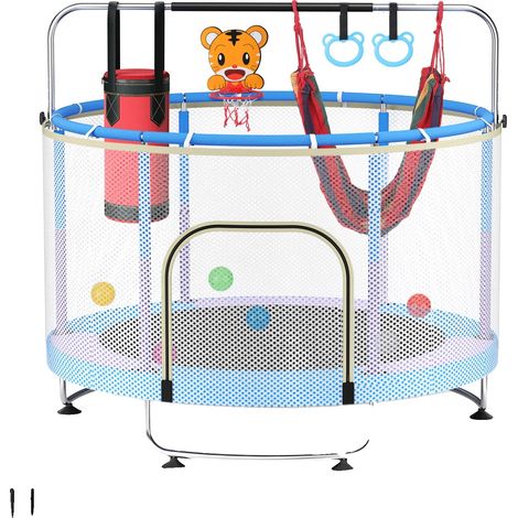 Trampoline, Barre Ajustable, Filet de Sécurité, Bleu (1/2)
