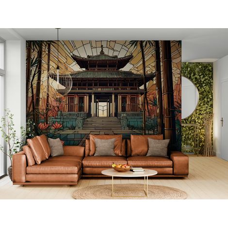 Papier peint Artistique – temple asiatique et bambous dorés - 150 x 250 cm (1/2)