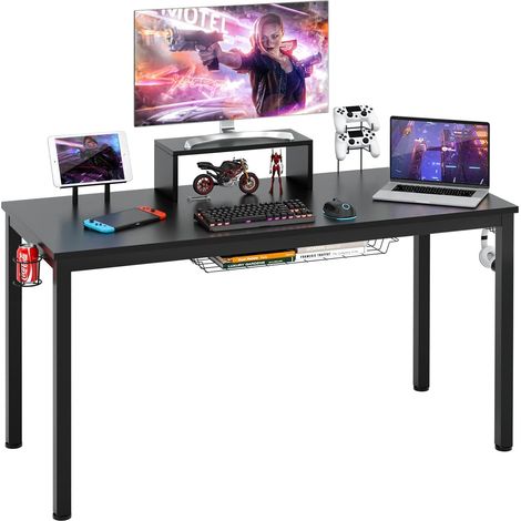 GOPLUS Bureau avec Rangemnet, Bureau d’Ordinateur avec Support de Moniteur, Crochet pour Casque, Porte-Gobelet, Bureau Informatique et Poste de Travail avec Patins Réglables, 140x60x90 cm (1/5)