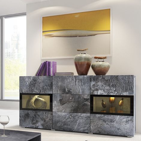 Buffet 130 cm RAMOS – Schiefergrau und Schwarz – integrierte mehrfarbige LED – 2 Glastüren + 3 Schubladen