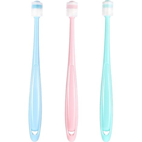 Lot de 3 brosses à dents pour chat et chien, nettoyage à 360 degrés, poils doux, rose, bleu, vert (1/5)
