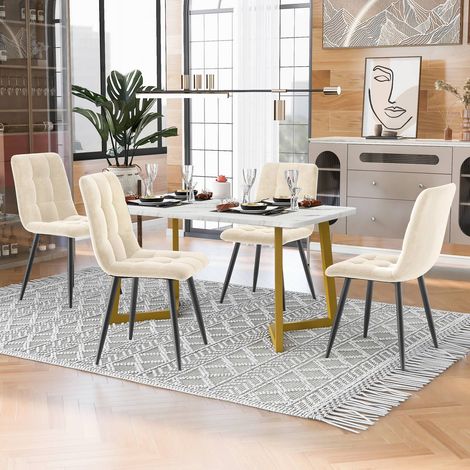 Ensemble repas rectangulaire 117cm avec 4 chaises en velours beige et pieds métal dorés (1/5)