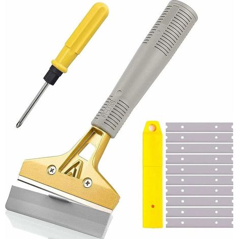 Raspador de cuchillas de afeitar, 10 cm con 10 cuchillas metálicas adicionales, raspador multiusos, para ventanas, vidrio, pisos, paredes, estufas, pintura, masilla, etiquetas, adhesivos, pegatinas. (1/5)