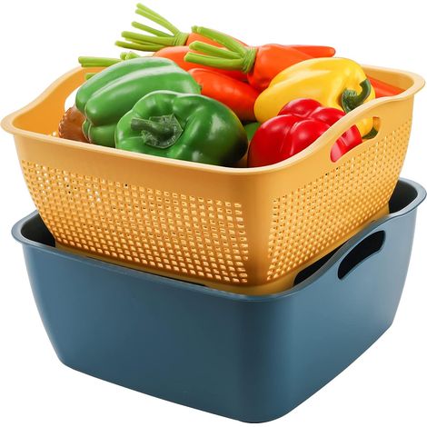 Ensemble de passoires et bols de cuisine, panier à laver les fruits et légumes en plastique à double couche, bols d'égouttage pour le nettoyage, le lavage et le mélange, détachables (1/5)