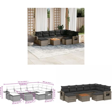10-tlg. Garten-Sofagarnitur mit Kissen Grau Poly Rattan - Gartenmöbel Set - PE-Rattan Möbel - Outdoor Lounge - Esszimmergarnitur - Balkonmöbel - Home & Living (1/3)