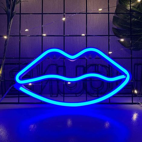 (+USB double mode) Lumière néon LED avec lèvres séparées, lumière électronique néon de Noël, veilleuse néon décorative de Noël et de la Saint-Valentin, bleue. (1/2)