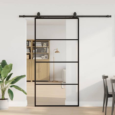 Schiebetür mit Beschlag Schwarz 102,5x205 cm ESG-Glas