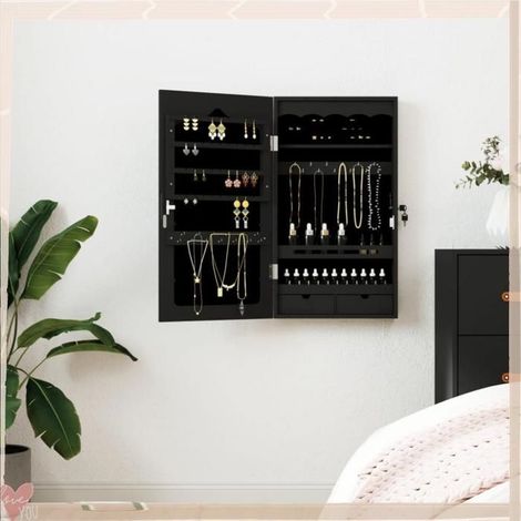 Armoire à bijoux avec miroir - VINGVO - 353221 - Noir - 37,5x10x67 cm - Porte verrouillable (1/5)