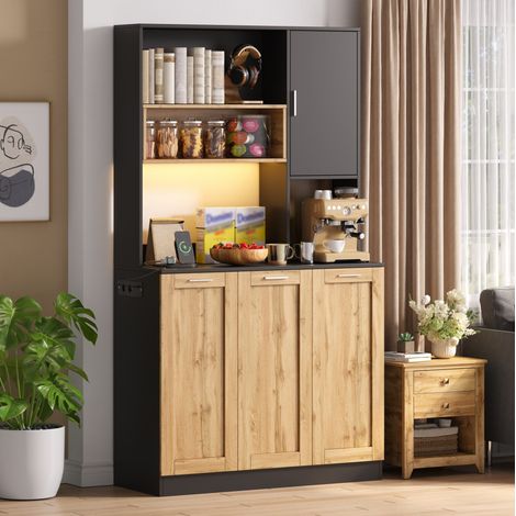 MODFU – Armoire rangement 100x40x180 cm MDF – LED RGB, prises USB et étagères réglables – Anti-basculement – Cuisine – Naturel/noir (1/5)