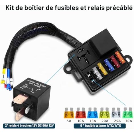 Boîte à fusibles précâblée avec 2 emplacements pour relais et 6 porte-fusibles ATC/ATO, 2 relais 12 V CC 4 broches 80 A, 6 fusibles ATC/ATO, bloc de fusibles universel étanche pour voiture, camion, ba (1/4)