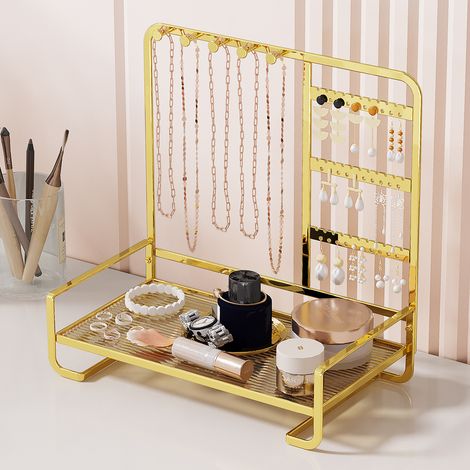 Porte-Bijoux Organisateur en Métal Doré - Support à Bijoux avec Plateau, pour Colliers, Boucles d’Oreilles, Bagues et Bracelets, Décoration de Chambre et Bureau (1/3)