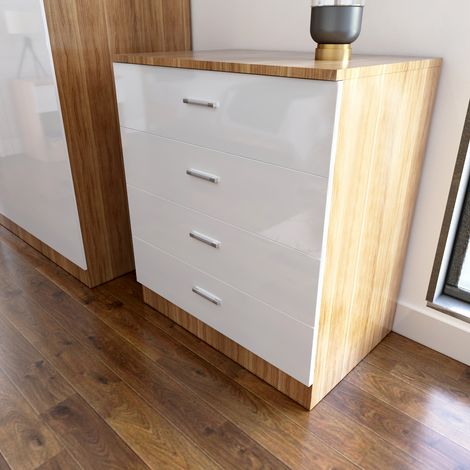 ELEGANT 4 Drawer Chest High Gloss White/Oak Bedside Cabinet with Metal Handles (1/5)