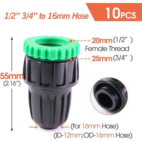 (1/2 pouce à 16 mm - 1/2 pouce) 10 raccords de tuyau PE 16 mm à verrouillage, 4/6 voies, pour tuyau d'arrosage, té et répartiteur d'eau (1/5)