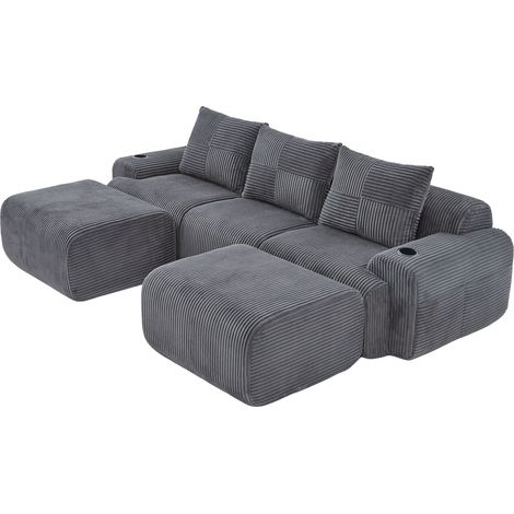 Sofá modular de 3 plazas en pana gris oscuro con 2 otomanas, portavasos y bolsillo lateral (1/5)