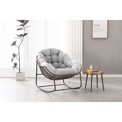 Sillón mecedora de jardín, asiento extra ancho, cojín grueso de 15.2 cm, acero y ratán tejido, gris claro (1/5)