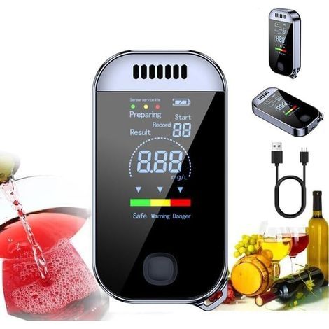 Testeur d'alcool avec affichage numérique LED couleur et charge USB pour usage personnel Capteur semi-conducteur avec alarme Noir (1/4)