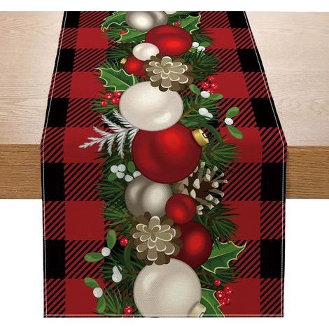 Chemin de table de Noël, 13 x 72 pouces, motif écossais Buffalo rouge et noir, boule de Noël, pomme de pin, décoration de table de cuisine pour les fêtes d'hiver, pour les décorations de fête à la mai (1/5)