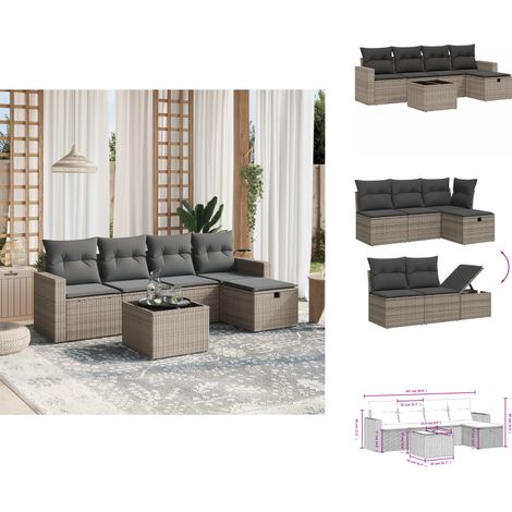 6-tlg. Garten-Sofagarnitur mit Kissen Grau Poly Rattan - Gartenmöbel Set - PE-Rattan Gartenmöbel - Outdoor Lounge Set - Esstisch Set - Balkonmöbel (1/4)